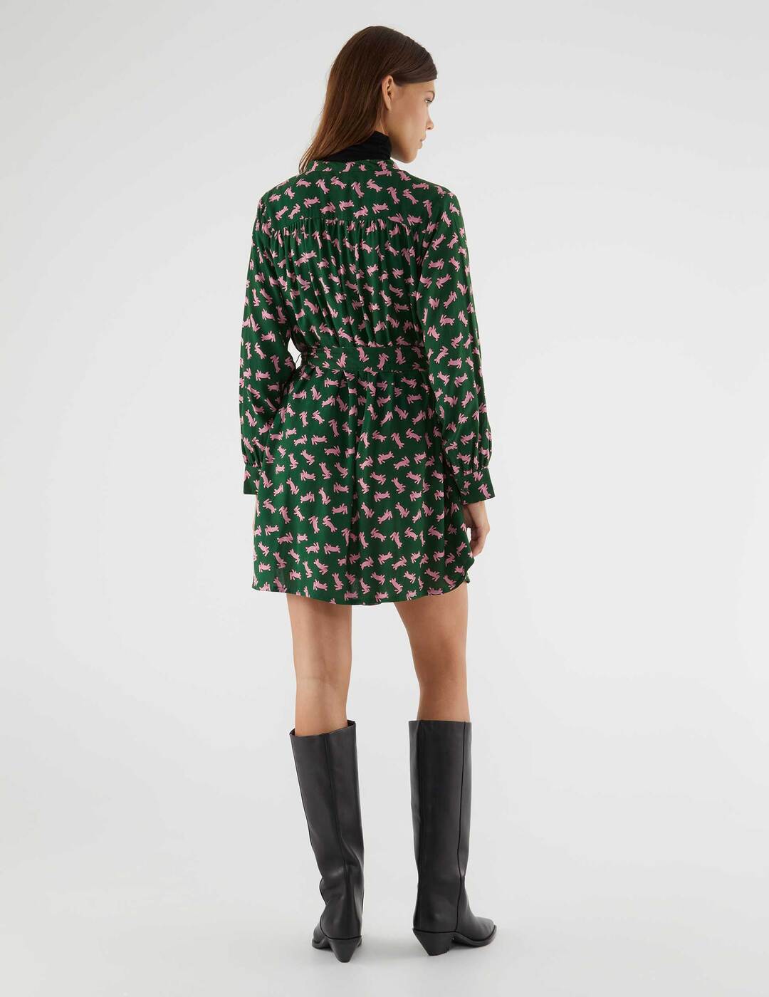Vestido Compañía Fantástica Corto Con Cinturón y Estampado De Conejos