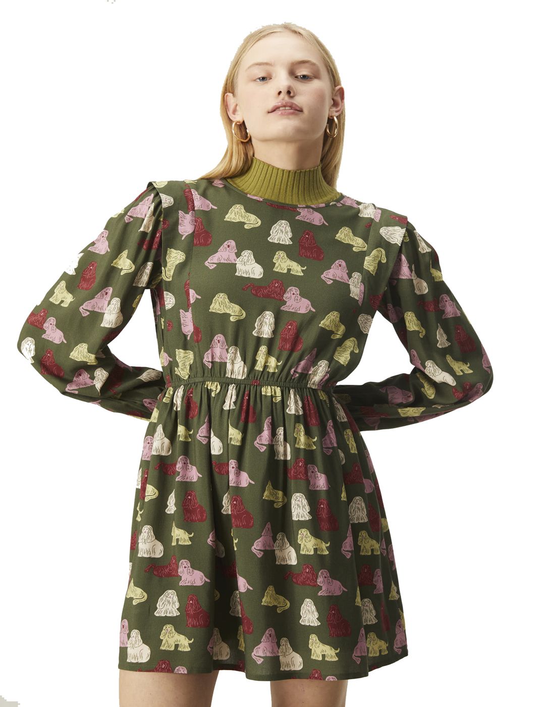 Vestido Compañía Fantástica Corto Evasé Con Adorno y Animal Print De Perros