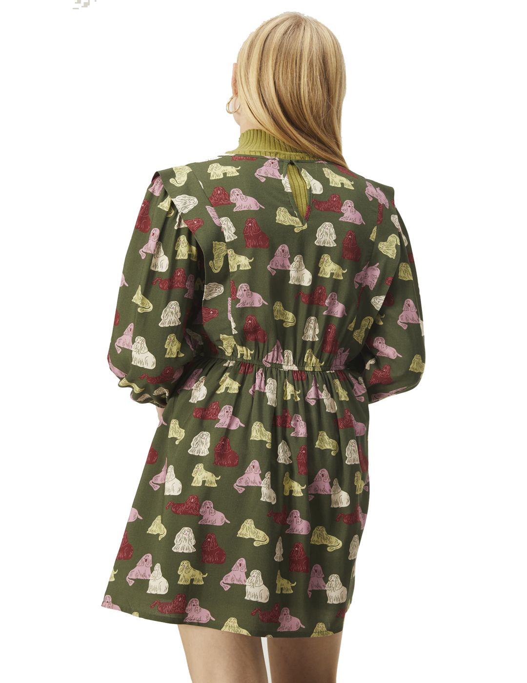 Vestido Compañía Fantástica Corto Evasé Con Adorno y Animal Print De Perros