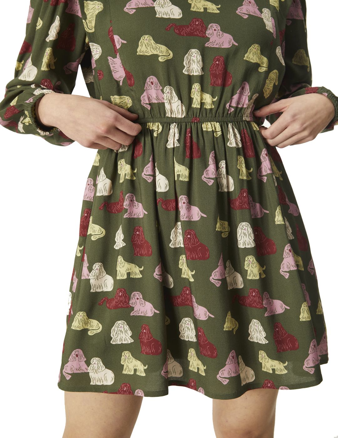 Vestido Compañía Fantástica Corto Evasé Con Adorno y Animal Print De Perros