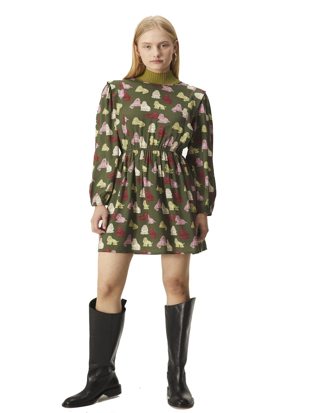Vestido Compañía Fantástica Corto Evasé Con Adorno y Animal Print De Perros