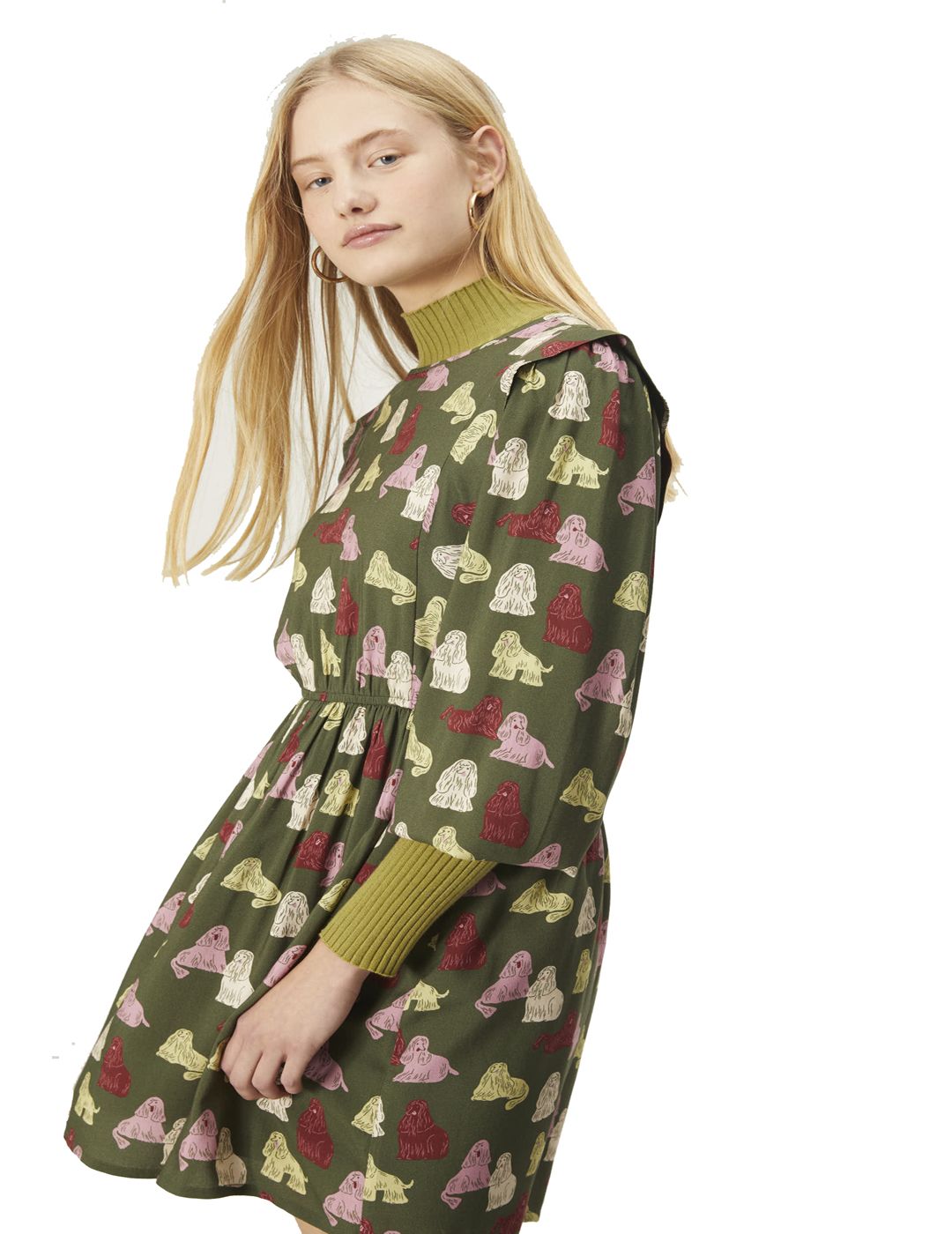Vestido Compañía Fantástica Corto Evasé Con Adorno y Animal Print De Perros