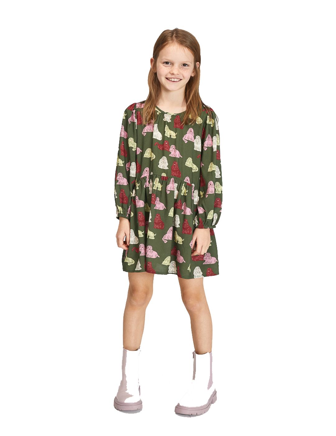 Vestido Compañía Fantástica Mini Amplio con Manga Larga y Animal Print De Perros