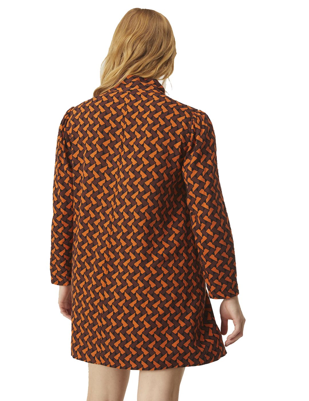 Vestido Corto Evasé Con Cuello Lazada y Estampado Geométrico De Zigzag