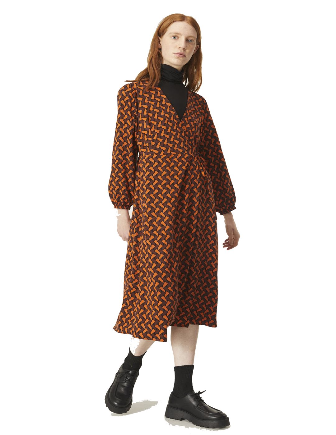 Vestido Midi Efecto Cruzado Con Escote Pico y Estampado Geométrico De Zigzag