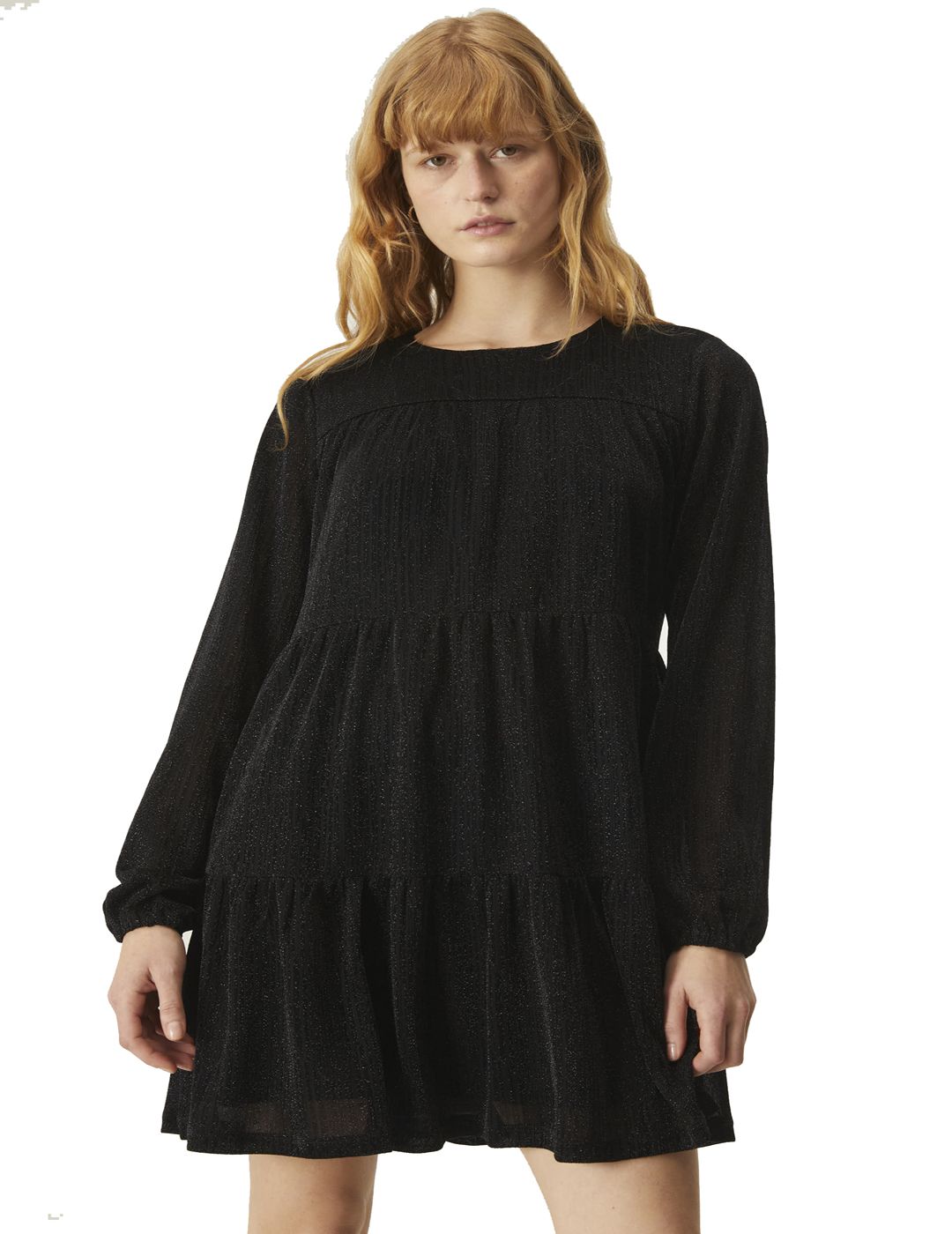 Vestido Corto De Manga Larga Con Frunces En Hilo De Lurex Negro