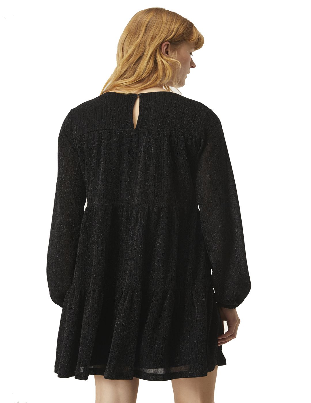 Vestido Corto De Manga Larga Con Frunces En Hilo De Lurex Negro