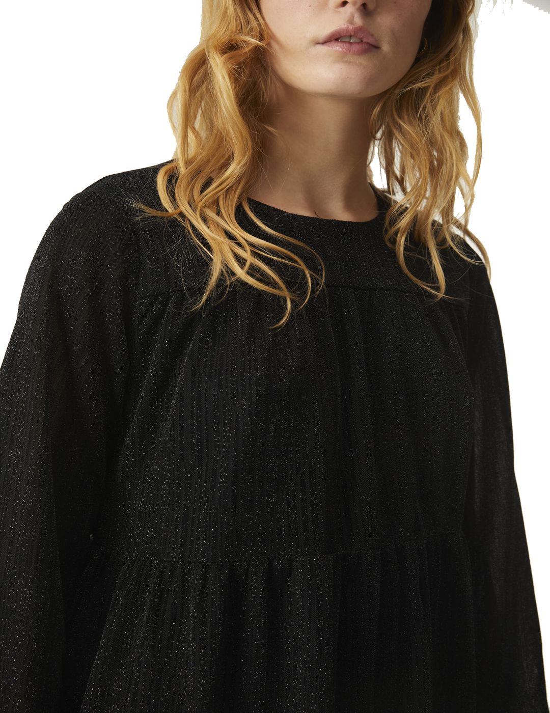 Vestido Corto De Manga Larga Con Frunces En Hilo De Lurex Negro