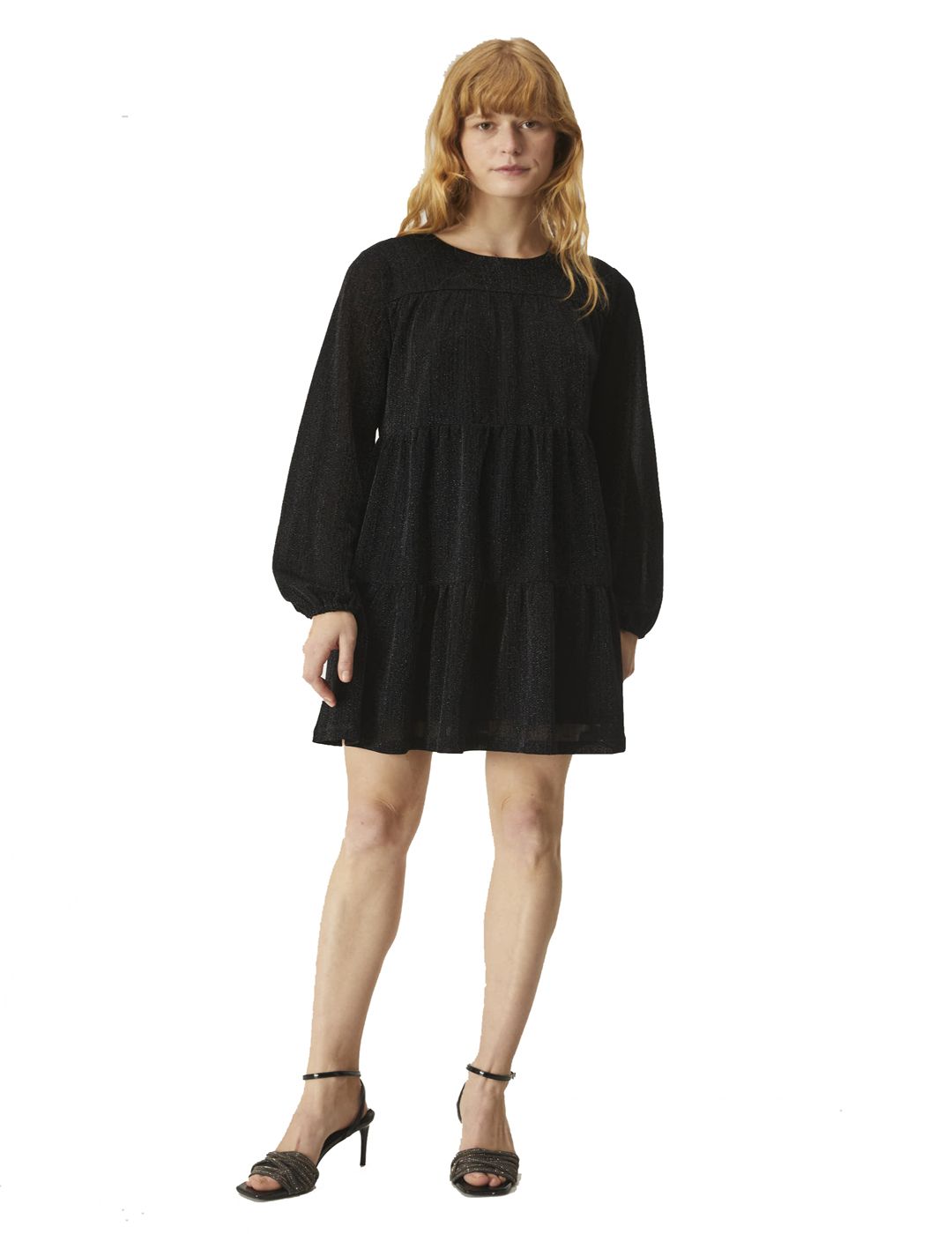 Vestido Corto De Manga Larga Con Frunces En Hilo De Lurex Negro