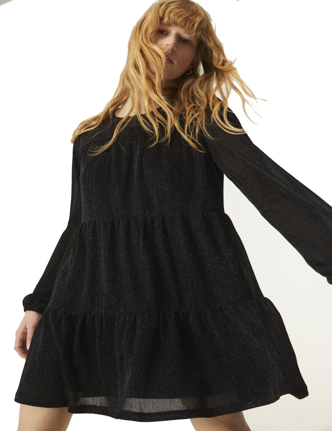 Vestido Corto De Manga Larga Con Frunces En Hilo De Lurex Negro