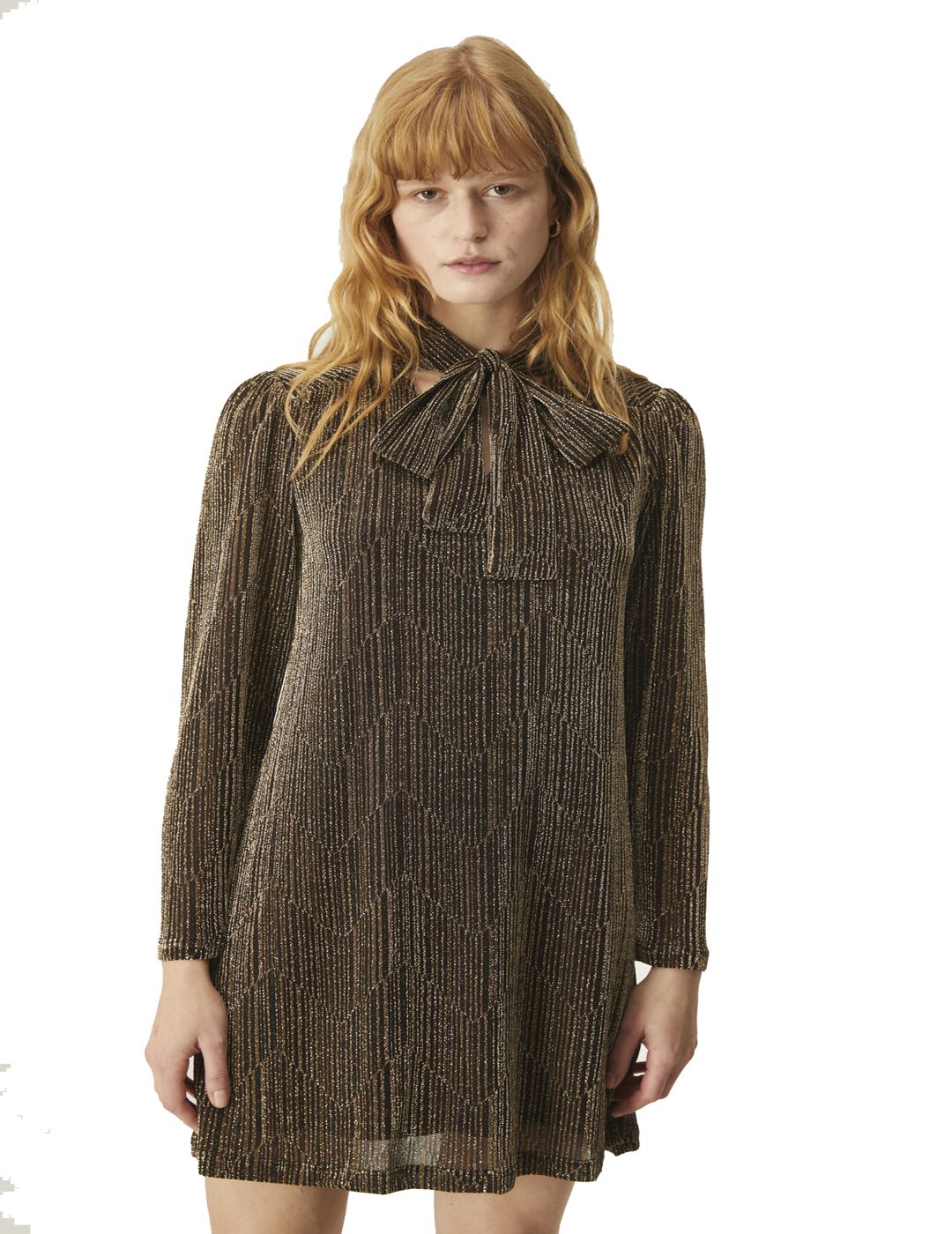 Vestido Compañía Fantástica Corto Evasé Con Cuello Lazada En Hilo De Lurex Marrón