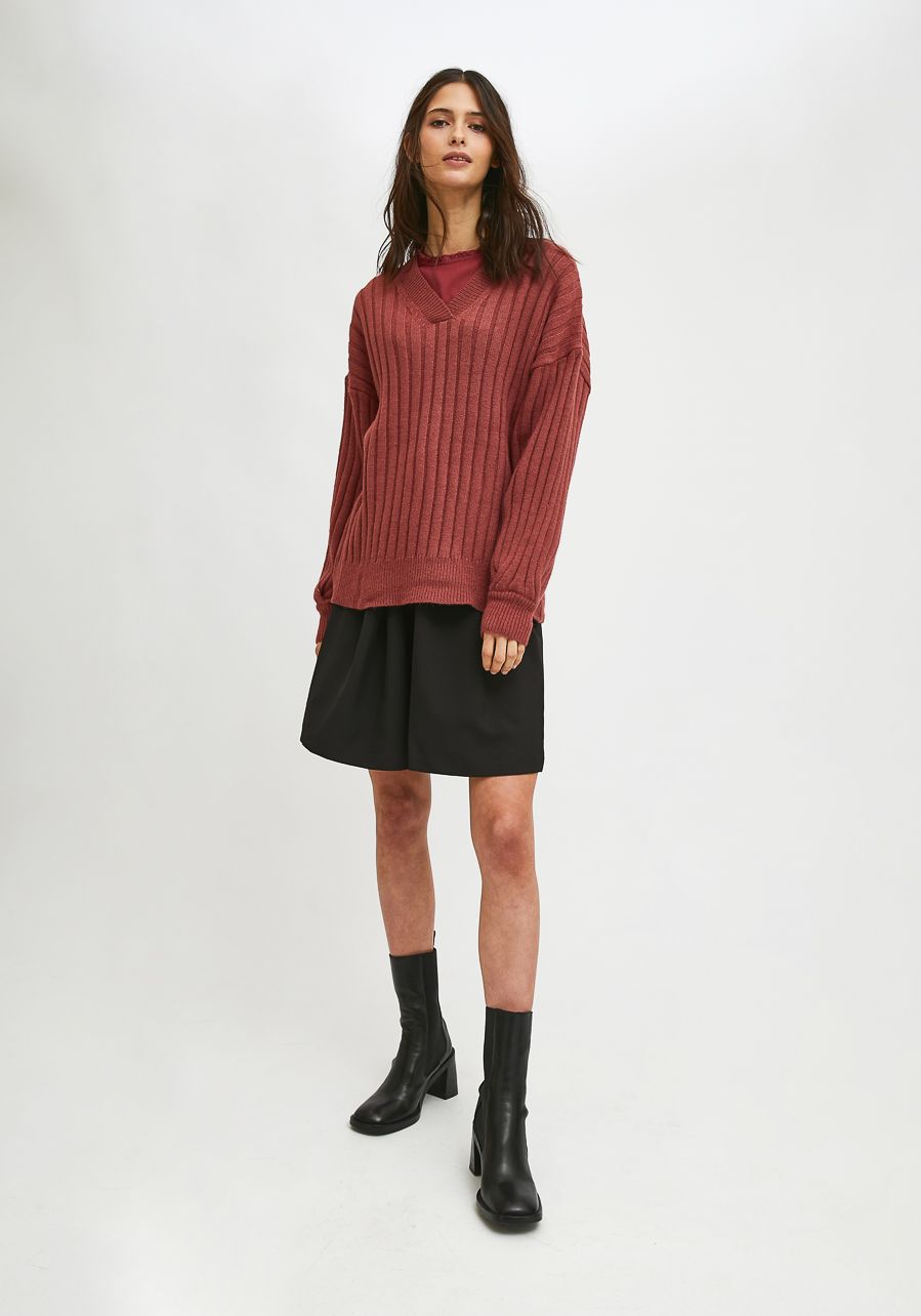 Jersey Compañía Fantástica de Punto Oversize Canalé Con Cuello Pico Rosa