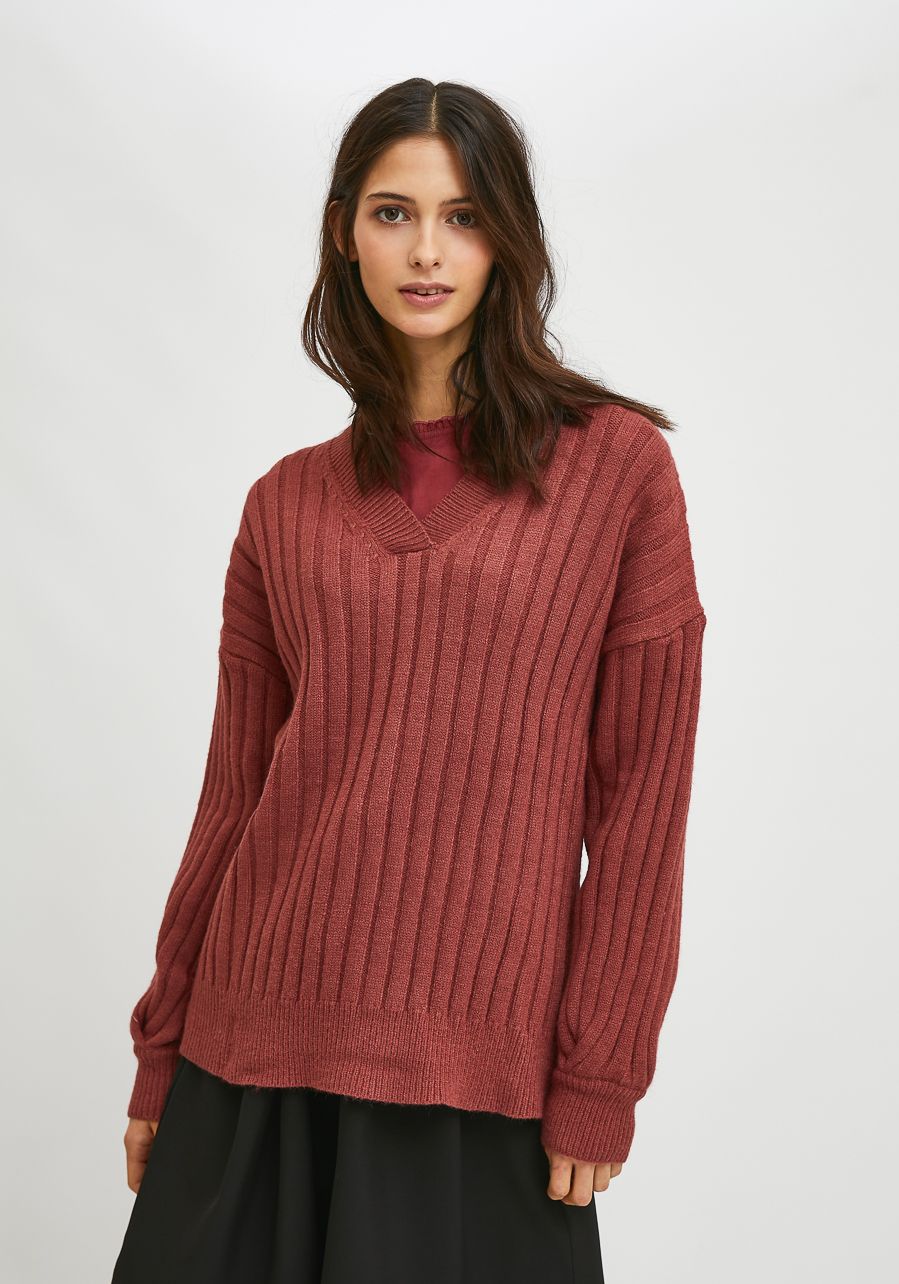 Jersey Compañía Fantástica de Punto Oversize Canalé Con Cuello Pico Rosa