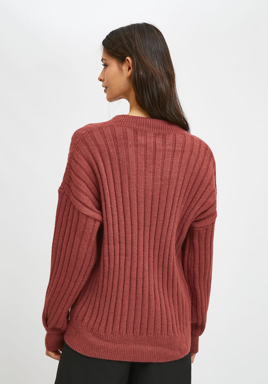 Jersey Compañía Fantástica de Punto Oversize Canalé Con Cuello Pico Rosa